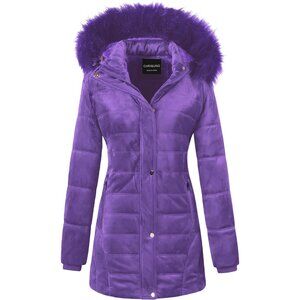 Women's Winter Velvet Puffer Jacket Quilted Coat Purple Faux Fur Hood Fabric